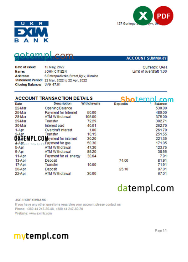 editable template, Ukraine Ukreximbank bank statement, Excel and PDF template