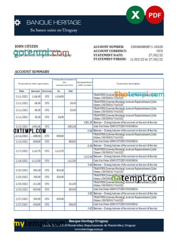 editable template, Uruguay Banque Heritage bank statement, Excel and PDF template