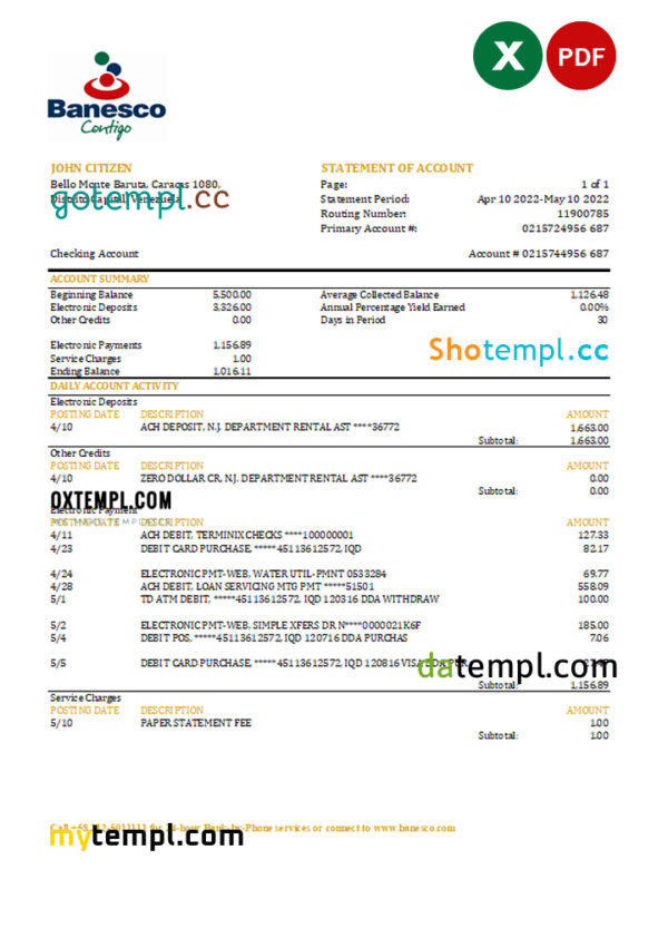 editable template, Venezuela Banesco bank statement, Excel and PDF template