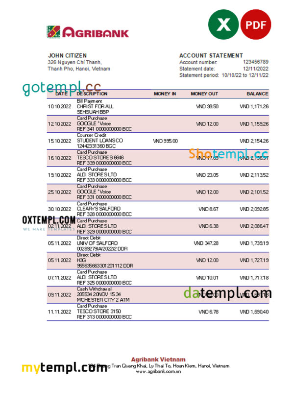 editable template, Vietnam Agribank bank statement, Excel and PDF template