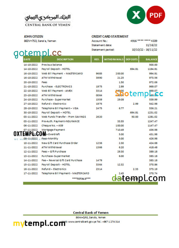Yemen Central Bank of Yemen bank statement, Excel and PDF template