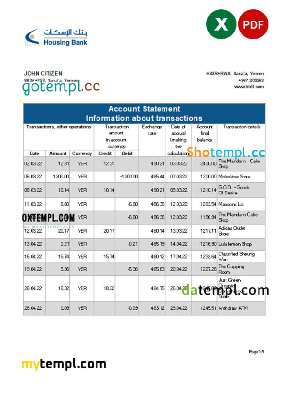 editable template, Yemen Housing bank statement, Excel and PDF template