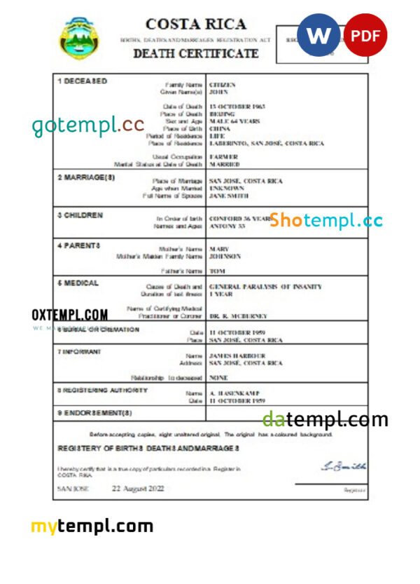 editable template, Costa Rica vital record death certificate Word and PDF template