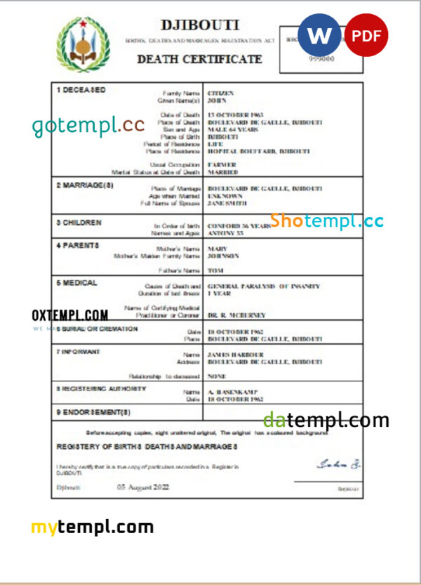 editable template, Djibouti death certificate Word and PDF template, completely editable