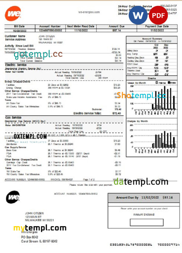 editable template, USA Wisconsin We Energies electricity utility bill template in Word and PDF format