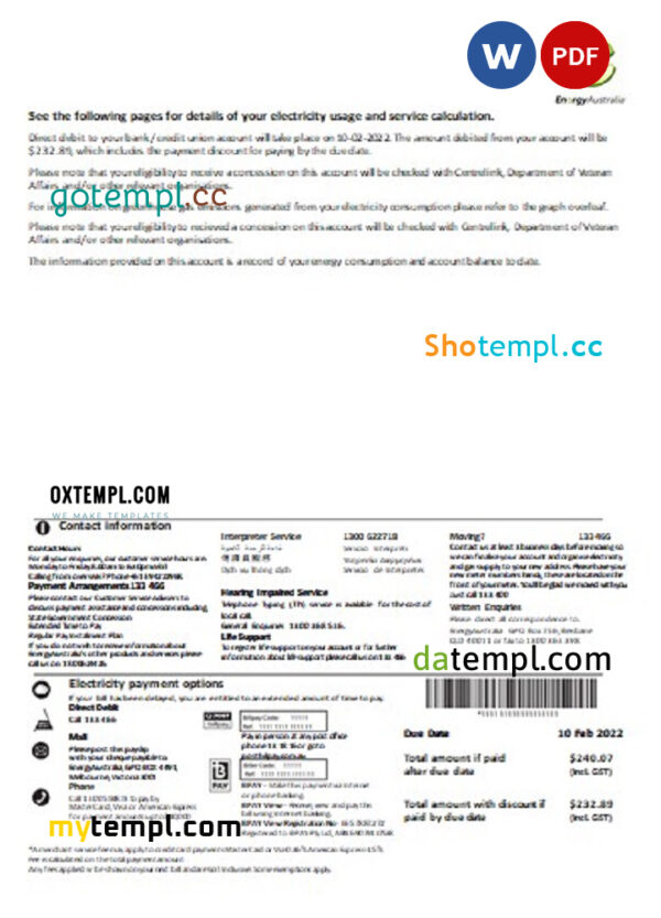 editable template, Australia Energy Australia electricity utility bill template in Word and PDF format, 3 pages