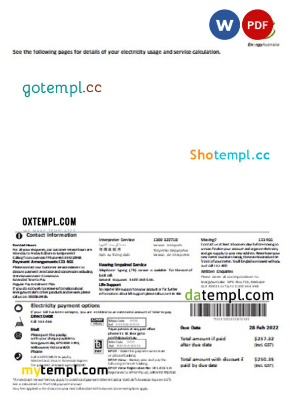 editable template, Australia Energy Australia gas utility bill template in Word and PDF format, 3 pages - Image 2