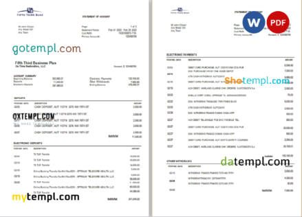 editable template, USA Fifth Third Bank statement, Word and PDF template, 2 pages