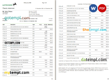 editable template, USA Lloyds bank statement, Word and PDF template, 2 pages