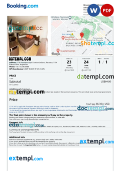editable template, Argentina hotel booking confirmation Word and PDF template, 2 pages