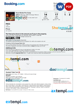editable template, Morocco hotel booking confirmation Word and PDF template, 2 pages