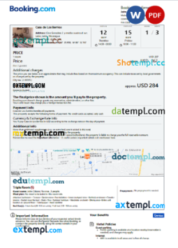 editable template, Nicaragua hotel booking confirmation Word and PDF template, 2 pages