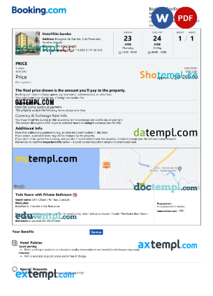 editable template, Angola hotel booking confirmation Word and PDF template, 2 pages