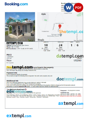 Samoa hotel booking confirmation Word and PDF template, 2 pages