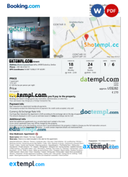 editable template, Serbia hotel booking confirmation Word and PDF template, 2 pages