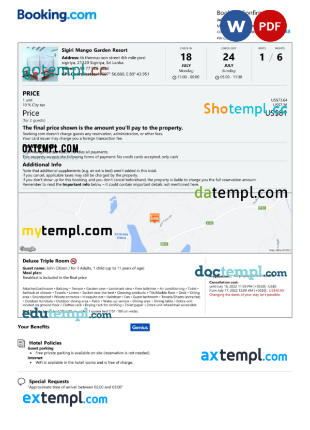 editable template, Sri Lanka hotel booking confirmation Word and PDF template, 2 pages