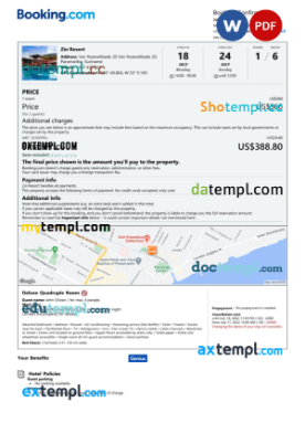 editable template, Suriname hotel booking confirmation Word and PDF template, 2 pages