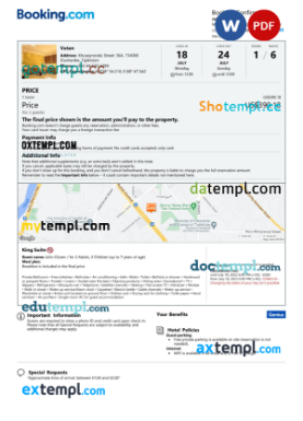 editable template, Tajikistan hotel booking confirmation Word and PDF template, 2 pages