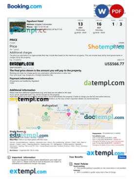 editable template, Turkmenistan hotel booking confirmation Word and PDF template, 2 pages