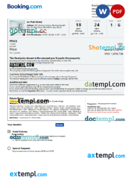 editable template, Vietnam hotel booking confirmation Word and PDF template, 2 pages