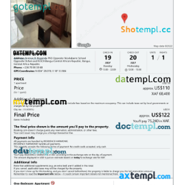 editable template, Central African Republic hotel booking confirmation Word and PDF template, 2 pages