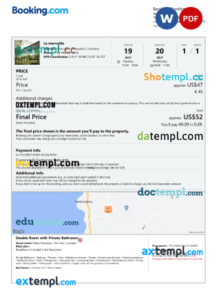editable template, Comoros hotel booking confirmation Word and PDF template, 2 pages