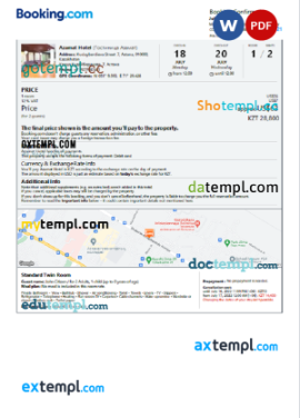 editable template, Kazakhstan hotel booking confirmation Word and PDF template, 2 pages