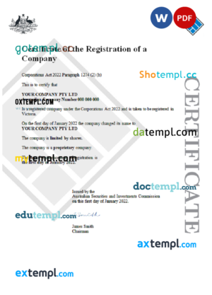 Australian Securities and Investments Commission's (ASIC) Certificate of Company Registration 1