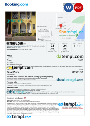 editable template, Barbados hotel booking confirmation Word and PDF template, 2 pages