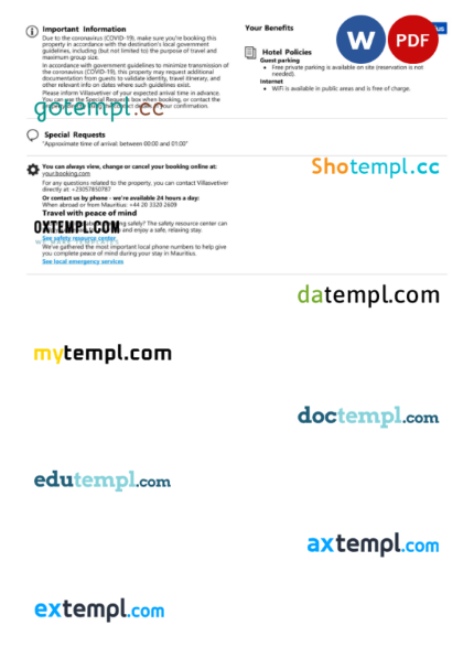 editable template, Mauritius hotel booking confirmation Word and PDF template, 2 pages - Image 2