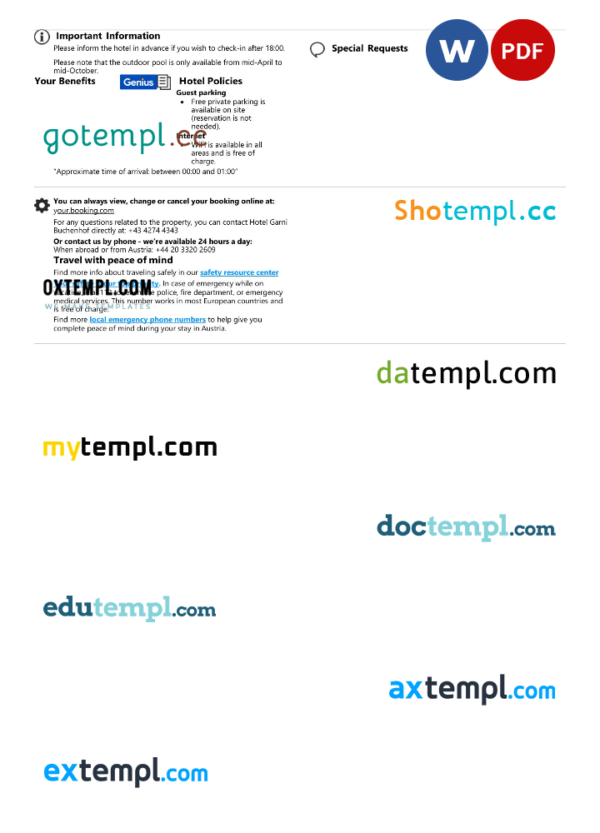 editable template, Austria hotel booking confirmation Word and PDF template, 2 pages - Image 2