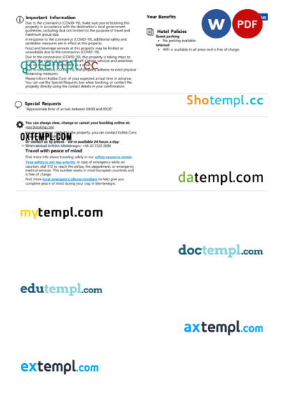 editable template, Montenegro hotel booking confirmation Word and PDF template, 2 pages - Image 2