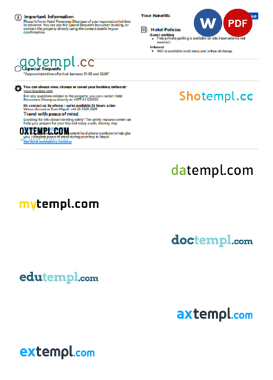 editable template, Nepal hotel booking confirmation Word and PDF template, 2 pages - Image 2