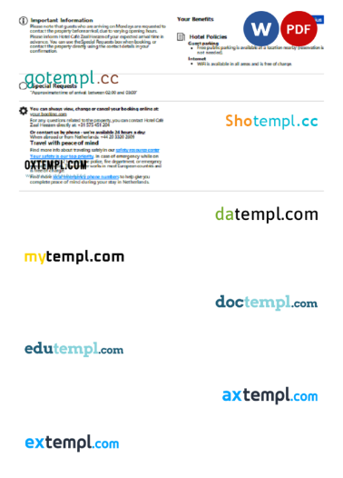 editable template, Netherlands hotel booking confirmation Word and PDF template, 2 pages - Image 2