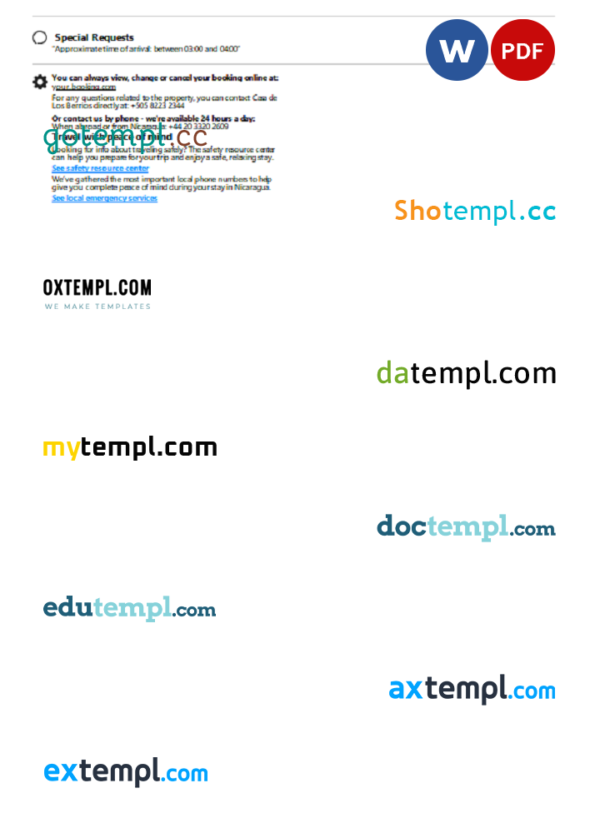 editable template, Nicaragua hotel booking confirmation Word and PDF template, 2 pages - Image 2