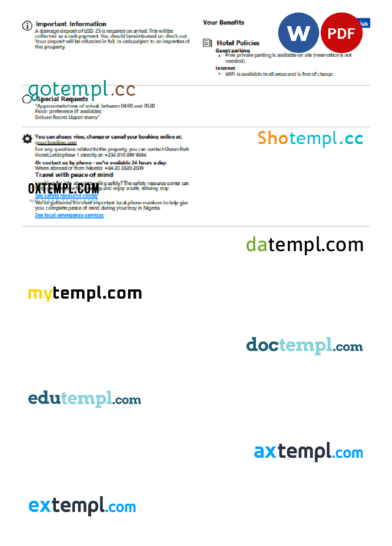 editable template, Nigeria hotel booking confirmation Word and PDF template, 2 pages - Image 2