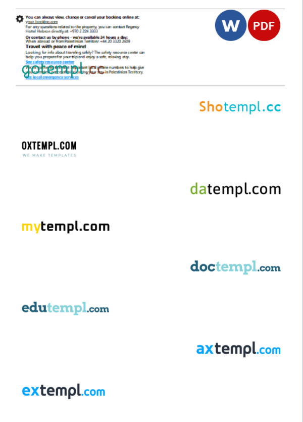 editable template, Palestine hotel booking confirmation Word and PDF template, 2 pages