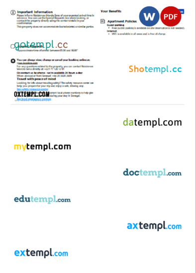 editable template, Senegal hotel booking confirmation Word and PDF template, 2 pages - Image 2