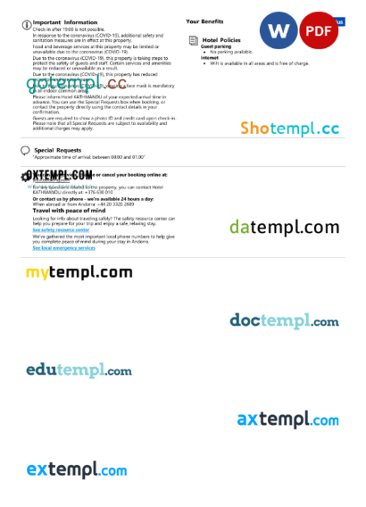 editable template, Andorra hotel booking confirmation Word and PDF template, 2 pages - Image 2