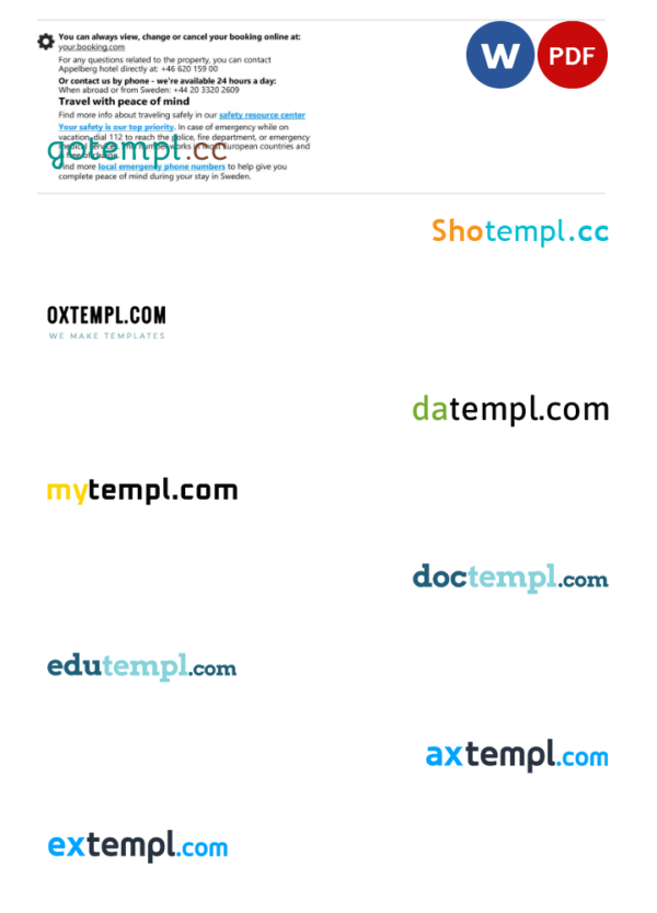editable template, Sweden hotel booking confirmation Word and PDF template, 2 pages - Image 2