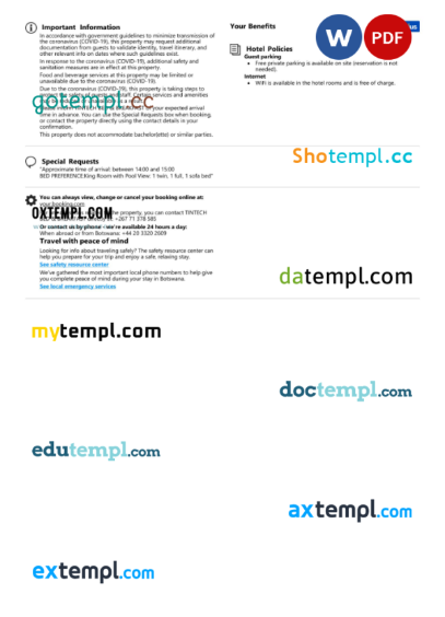 editable template, Botswana hotel booking confirmation Word and PDF template, 2 pages - Image 2