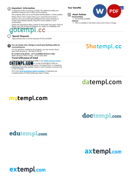 editable template, Turkey hotel booking confirmation Word and PDF template, 2 pages