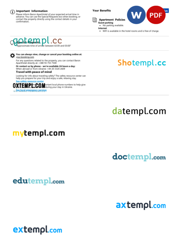 editable template, Ukraine hotel booking confirmation Word and PDF template, 2 pages - Image 2