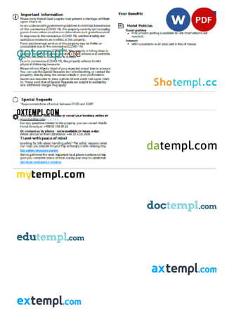 editable template, Uzbekistan hotel booking confirmation Word and PDF template, 2 pages - Image 2