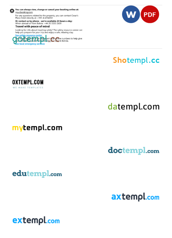 editable template, Bolivia hotel booking confirmation Word and PDF template, 2 pages