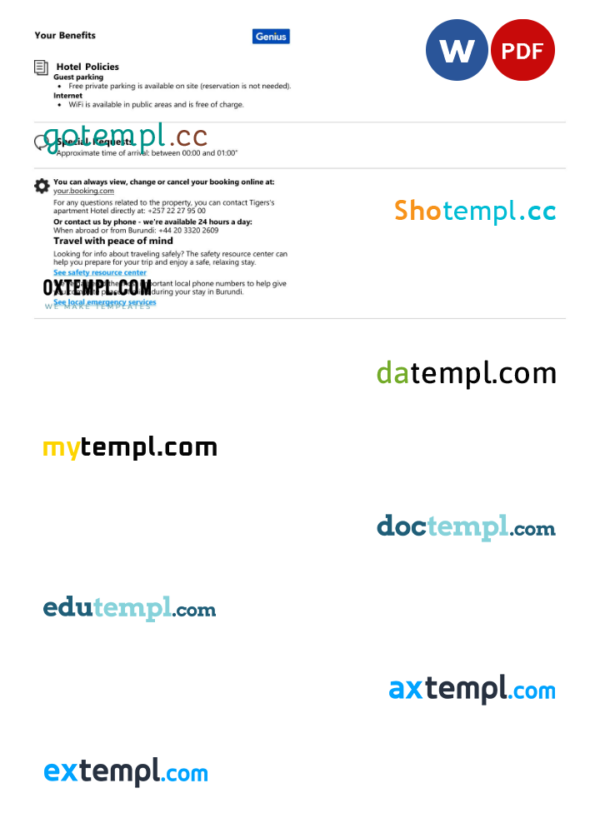 editable template, Burundi hotel booking confirmation Word and PDF template, 2 pages - Image 2