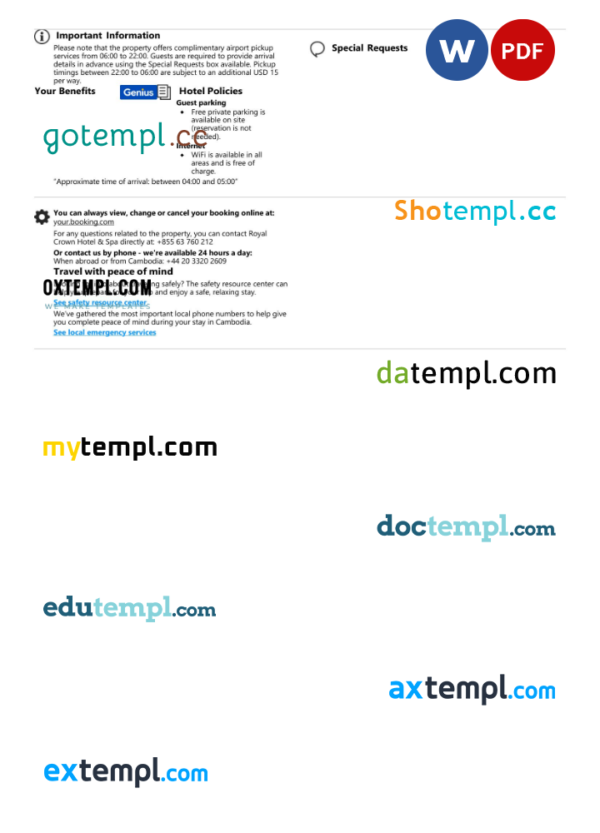 editable template, Cambodia hotel booking confirmation Word and PDF template, 2 pages