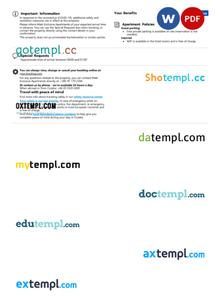 editable template, Croatia hotel booking confirmation Word and PDF template, 2 pages - Image 2