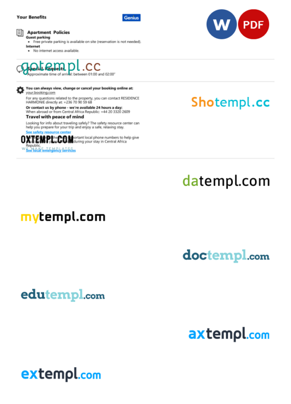 editable template, Central African Republic hotel booking confirmation Word and PDF template, 2 pages - Image 2