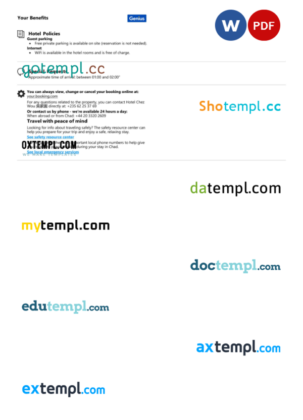 editable template, Chad hotel booking confirmation Word and PDF template, 2 pages - Image 2